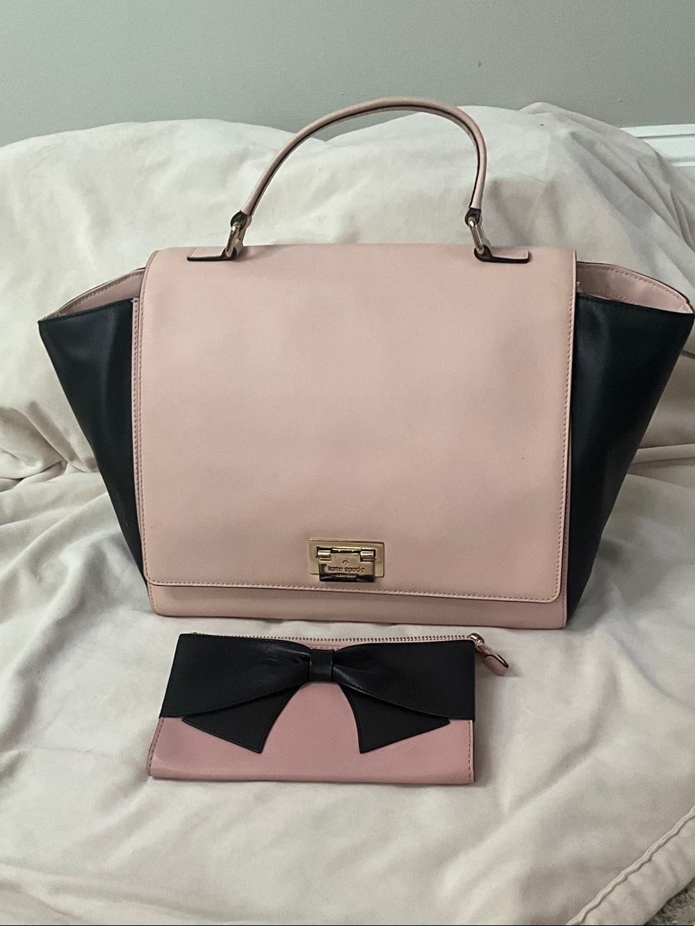 Kate Spade Pale Pink and Black Leather Top-Handle Satchel with Wallet